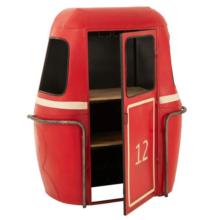Cable Car Bar Cabinet - 1 Door - Red and White - Mango Wood and Metal