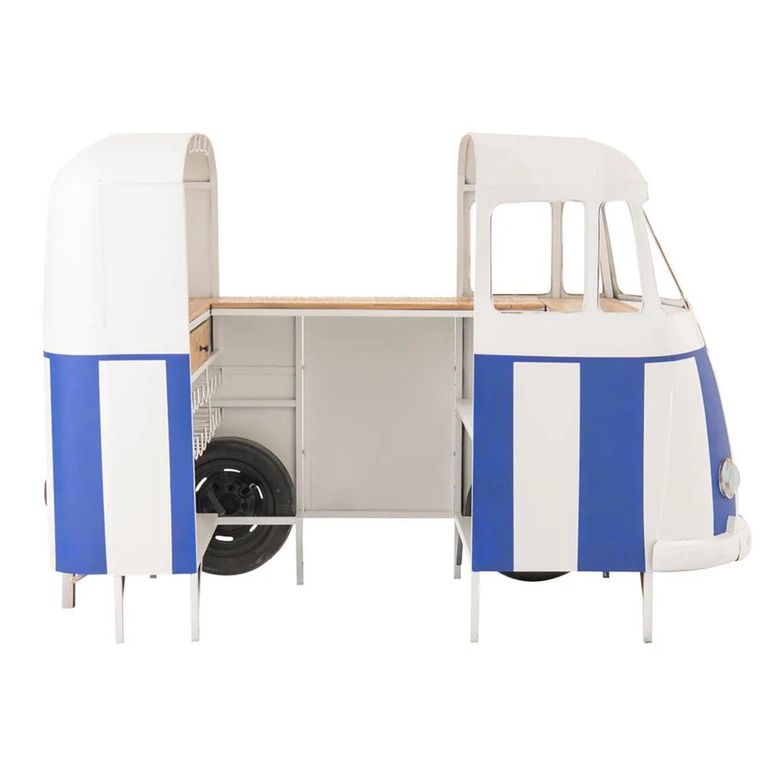 Van Bar Cabinet - 1 Drawer - Blue and White - Striped - Metal