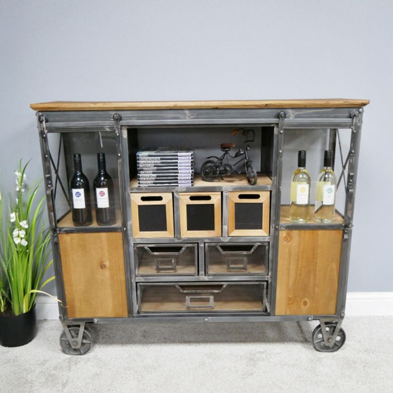 Cabinet - Fir Wood and Metal - Wide - on Wheels