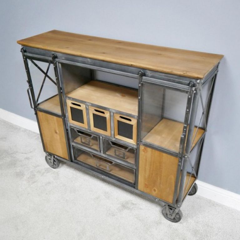 Cabinet - Fir Wood and Metal - Wide - on Wheels