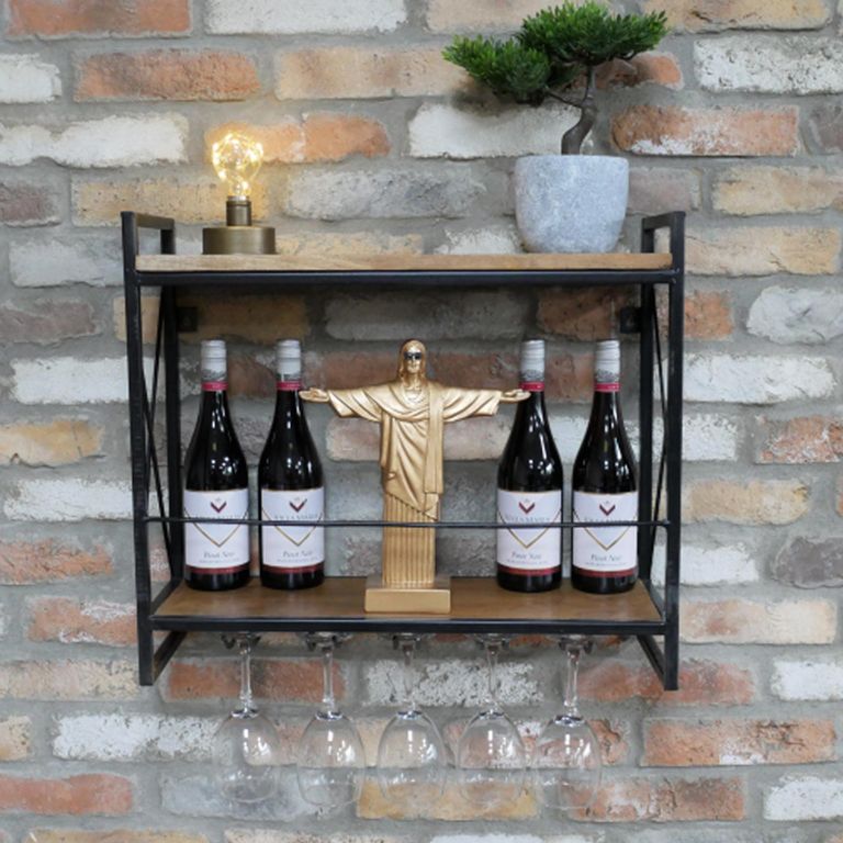 Wall Wine Rack - Natural and Black - Mango Wood and Metal