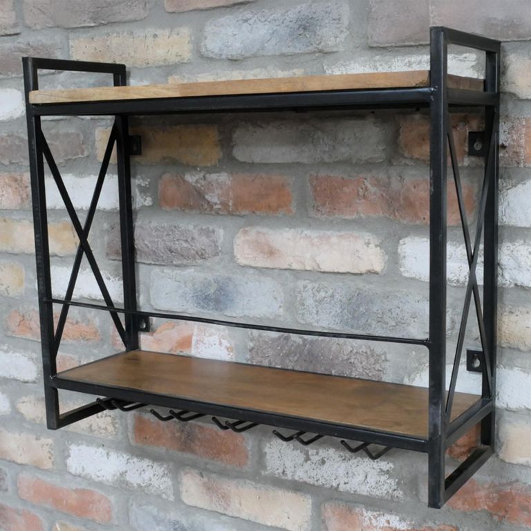 Wall Wine Rack - Natural and Black - Mango Wood and Metal