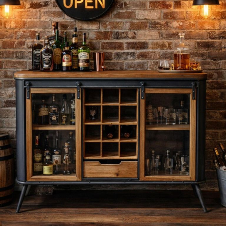 Fir Wood and Metal 2 Door 1 Drawer Wine Cabinet