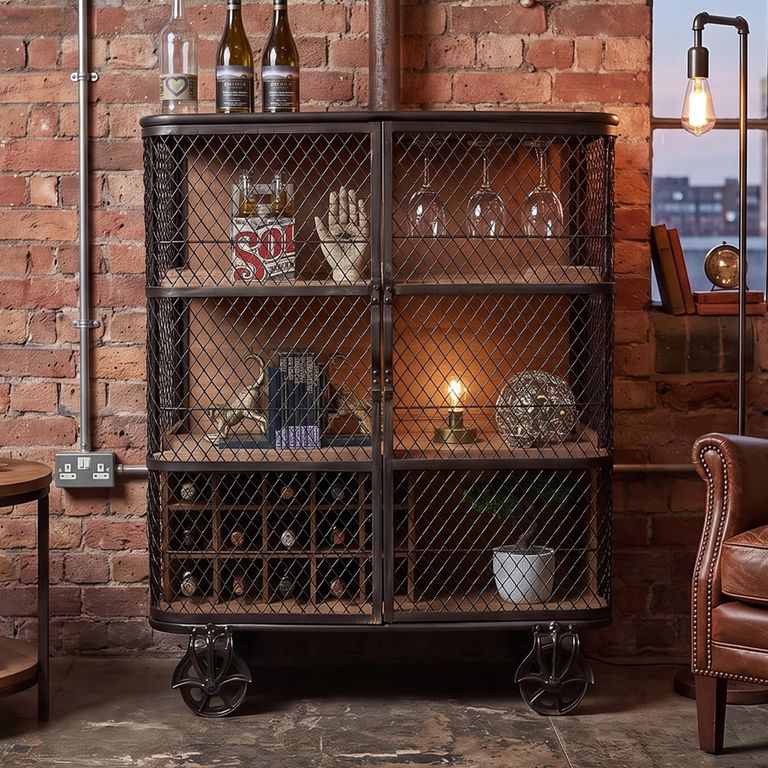 Black and Metal Fir Wood on Wheels Bar Cabinet
