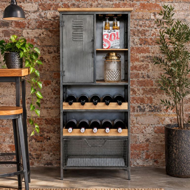 Fir Wood and Metal 1 Door Wine Cabinet