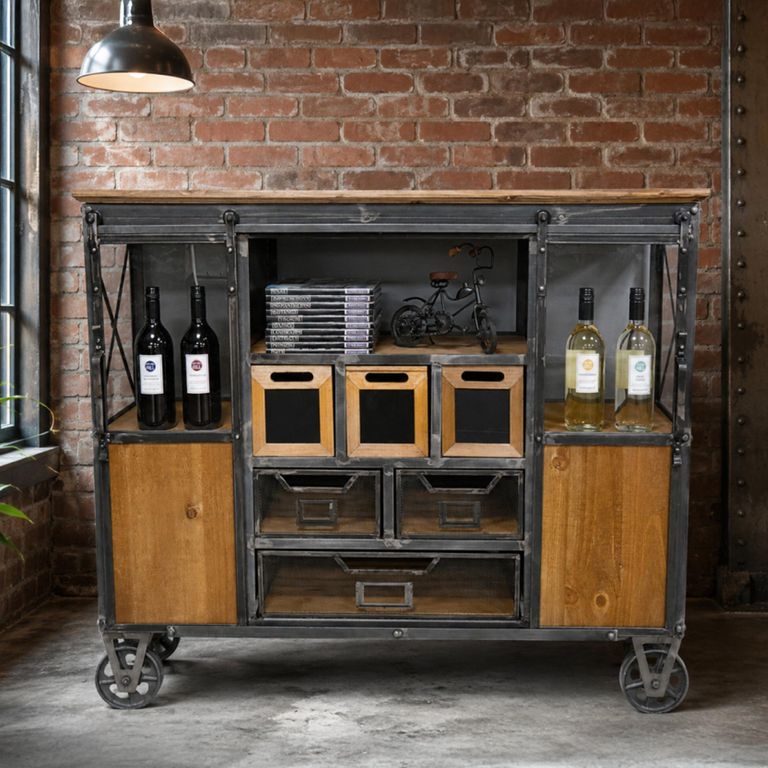 Cabinet - Fir Wood and Metal - Wide - on Wheels