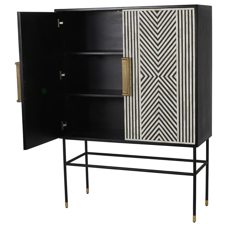 Delaney Bar Cabinet - Black and White Bone Inlay - 2 Door