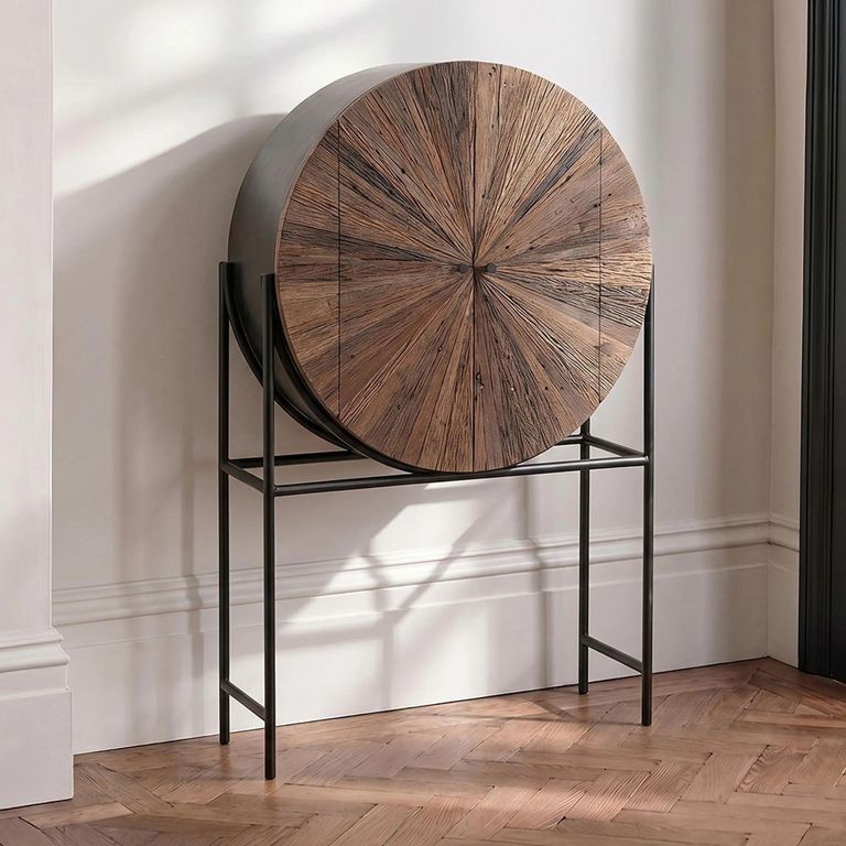 Shanil Bar Cabinet - 2 Door - Sunburst Desgin - Brown and Black - Recycled Sleeper Wood and Metal