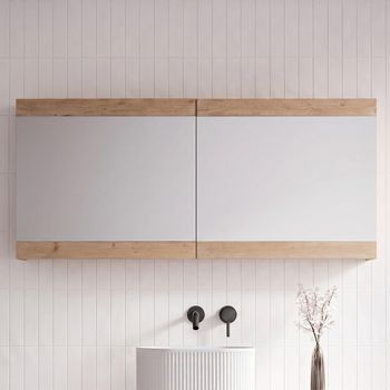 Pompei Mirrored Bathroom Natural Pine Wood Wall Mounted 2 Door Wide Cabinet