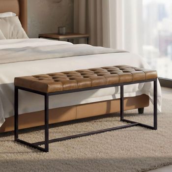 Tulan Brown Button Tufted Leather Bedroom Bench