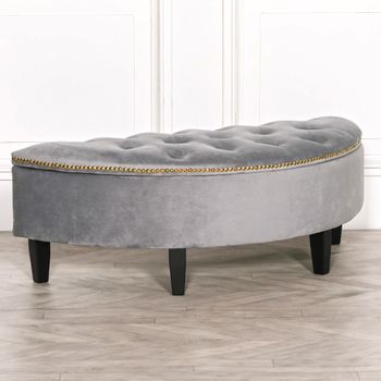Curved Grey Velvet Ottoman Storage Bench