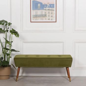 Buttoned Olive Green Velvet Ottoman Bench