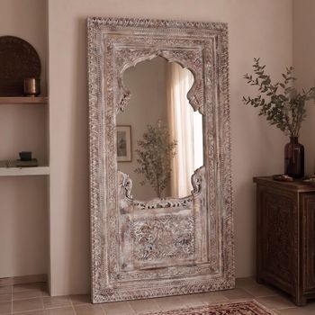 Carlos Distressed Carved Leaner Teak Wood Ornate Design Whitewashed Mirror - 105cm x 198cm