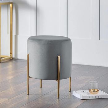 Harrogate Grey Velvet and Metal Round Upholstered Stool