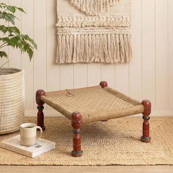 Unique One of a Kind - Distressed Sand Handwoven Rope Square Stool with Wooden Turned Legs