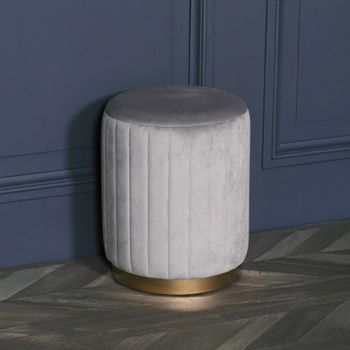 Ribbed Light Grey Velvet Round Stool