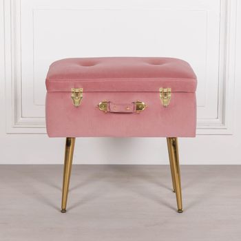 Suitcase Stool with Gold Legs Pink Velvet