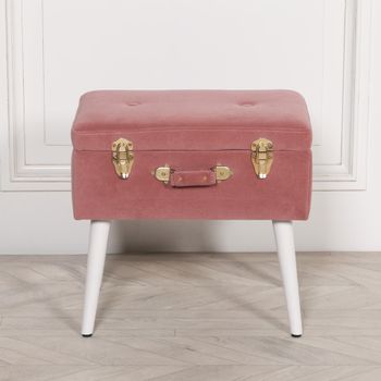 Suitcase Stool with White Legs Pink Velvet