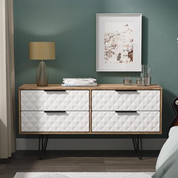 Harlequin White Matt and Vintage Oak 4 Drawer with Hairpin Legs Bed Box