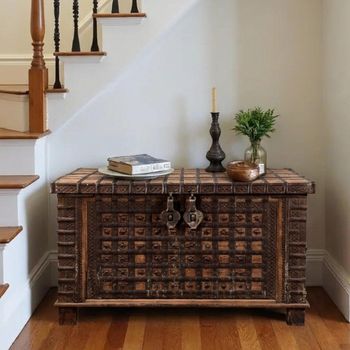 Unique One of a Kind - Distressed Carved Rustic Brown Metal and Wood Storage Trunk
