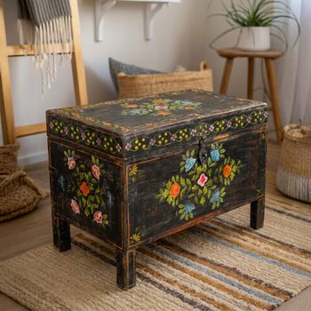 Unique One of a Kind - Distressed Hand Painted Black Wooden Storage Trunk
