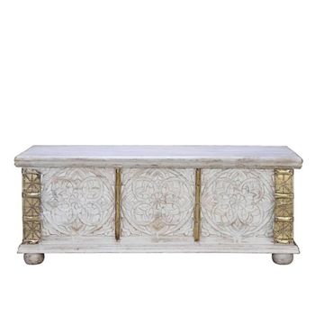 Jenbach Distressed White Carved Mango Wood Storage Trunk