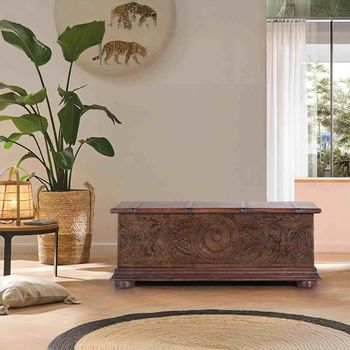 Pragraten Carved Dark Mango Wood Storage Trunk