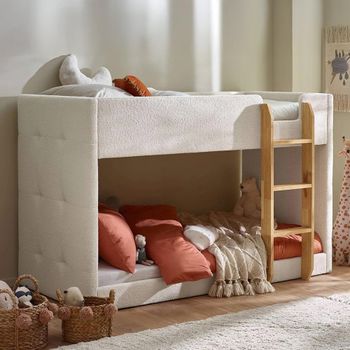 Teddy Cream and Natural Fabric and Wood Bunk Bed