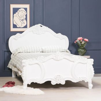 French Rose Cherub White Mahogany Carved Bed - Sizes Available