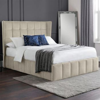 Gatsby Cream Velvet Fabric Ottoman Storage Bed - Sizes Available