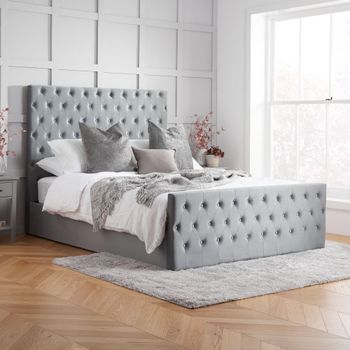Marquis Grey Velvet Fabric 6ft Queen Size Ottoman Storage Bed