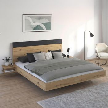 Monza Artisan Oak and Metallic Dark Grey 6ft Queen Size with 2 Hanging Bedside Tables Bed