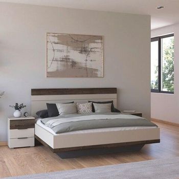 Sajo Champagne and Atlantic Dark Oak 5ft King Size 2 Bedside Cabinets Bed