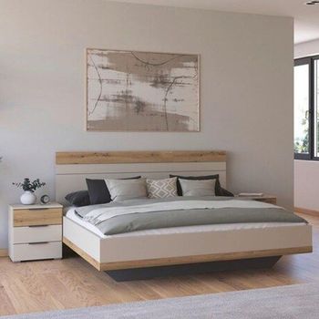 Sajo Champagne and Artisan Oak 6ft Queen Size 2 Bedside Cabinets Bed
