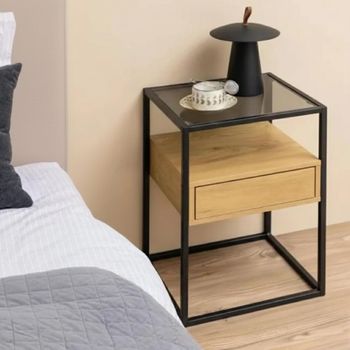 Randolf Oak and Black 1 Drawer Bedside Table