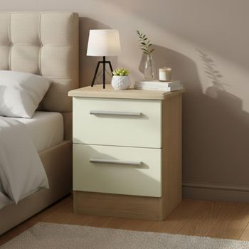 Knightsbridge Cream Gloss and Light Oak 2 Drawer Bedside Cabinet