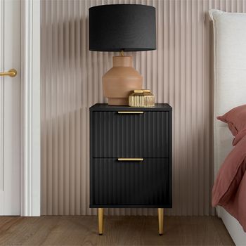 Zara Black 2 Drawer Fluted Bedside Table with Gold Legs