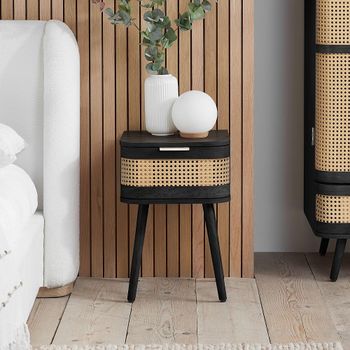 Noah Black and Rattan 1 Drawer Curved Bedside Table