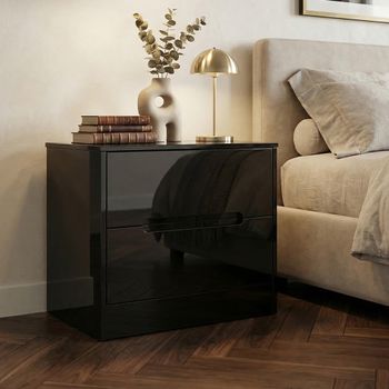 Monaco Black Gloss 2 Drawer Wide Bedside Cabinet