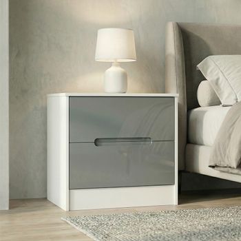 Monaco Grey Gloss and White 2 Drawer Wide Bedside Cabinet