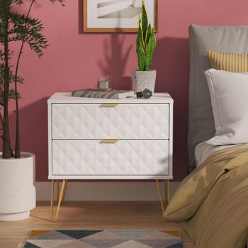 Harlequin White Matt 2 Drawer Midi Bedside Cabinet with Hairpin Legs