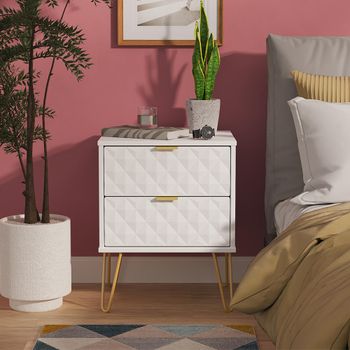 Harlequin White Matt 2 Drawer Bedside Cabinet with Hairpin Legs