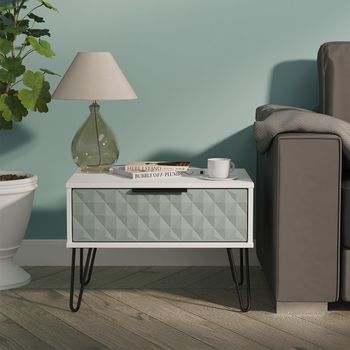 Harlequin Duck and White Matt 1 Drawer Midi Bedside Cabinet with Hairpin Legs