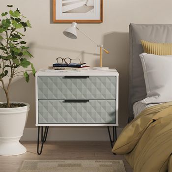 Harlequin Duck and White Matt 2 Drawer Midi Bedside Cabinet with Hairpin Legs
