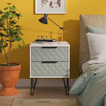 Harlequin Duck and White Matt 2 Drawer Bedside Cabinet with Hairpin Legs