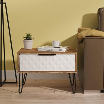 Harlequin White Matt and Vintage Oak 1 Drawer Midi Bedside Cabinet with Hairpin Legs