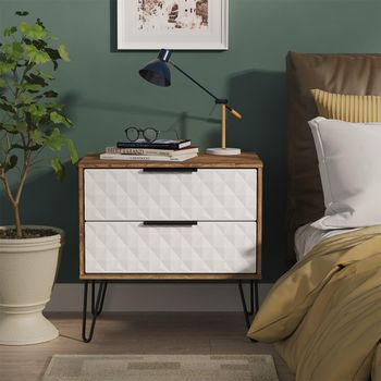 Harlequin White Matt and Vintage Oak 2 Drawer Midi Bedside Cabinet with Hairpin Legs