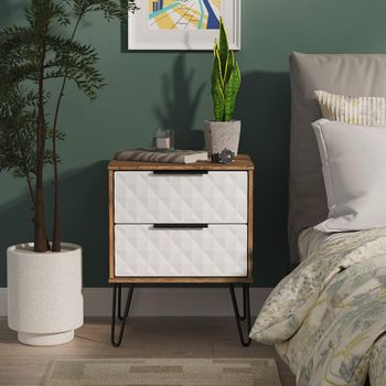 Harlequin White Matt and Vintage Oak 2 Drawer Bedside Cabinet with Hairpin Legs