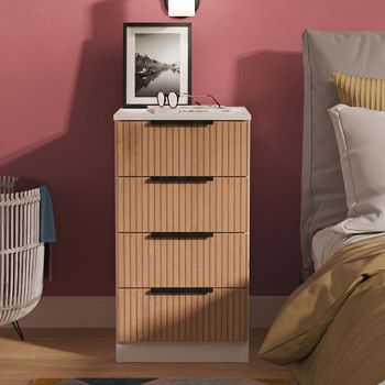 Java Fluted Effect Natural and White 4 Drawer Bedside Cabinet