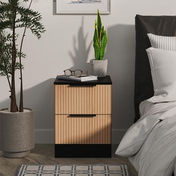 Java Fluted Effect Natural and Black 2 Drawer Bedside Cabinet